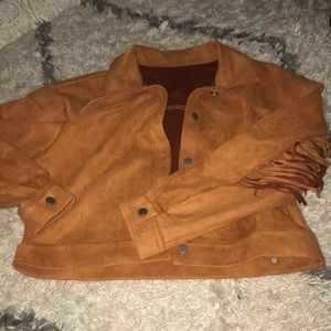 Drop shoulder fringe faux suede jacket